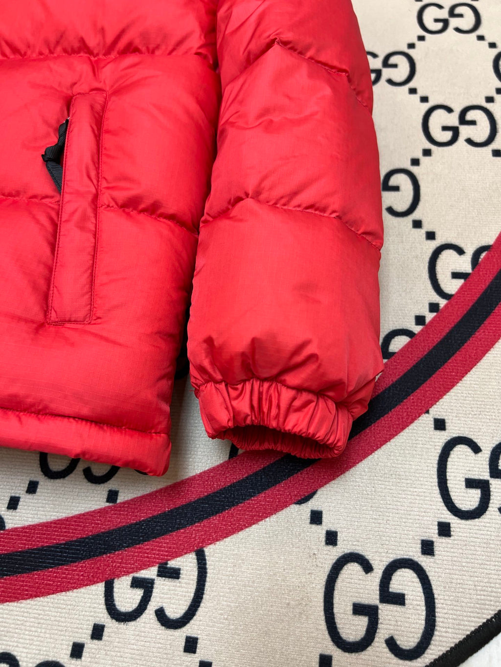 The North Face Red Nuptse 700-Fill Down Jacket with Black Contrast Yoke