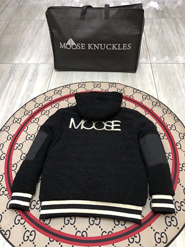 Moose Knuckles Black Sherpa Teddy Fleece Hoodie with MOOSE Back Embroidery and Striped Cuffs
