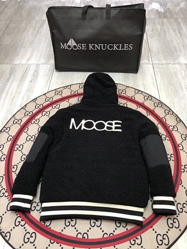 Moose Knuckles Black Sherpa Teddy Fleece Hoodie with MOOSE Back Embroidery and Striped Cuffs