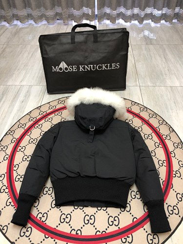Moose Knuckles Black Down Parka with White Fur Hood and Pompom Zipper Pulls