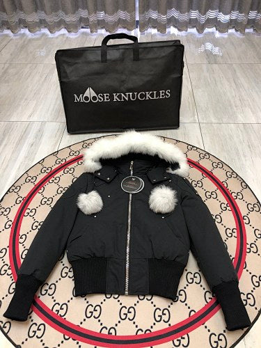 Moose Knuckles Black Down Parka with White Fur Hood and Pompom Zipper Pulls