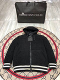 Moose Knuckles Black Sherpa Teddy Fleece Hoodie with MOOSE Back Embroidery and Striped Cuffs