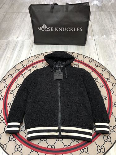 Moose Knuckles Black Sherpa Teddy Fleece Hoodie with MOOSE Back Embroidery and Striped Cuffs