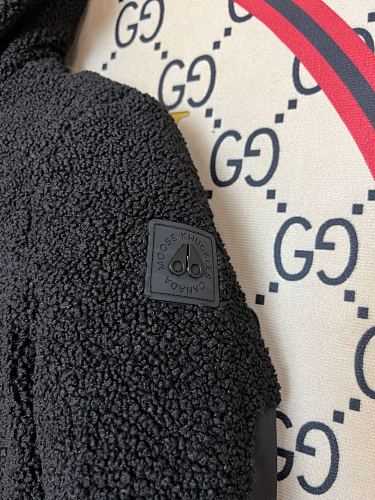 Moose Knuckles Black Sherpa Teddy Fleece Hoodie with MOOSE Back Embroidery and Striped Cuffs