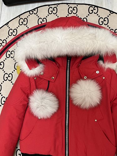 Moose Knuckles Red Down Parka with White Fur Hood and Pompom Zipper Pulls