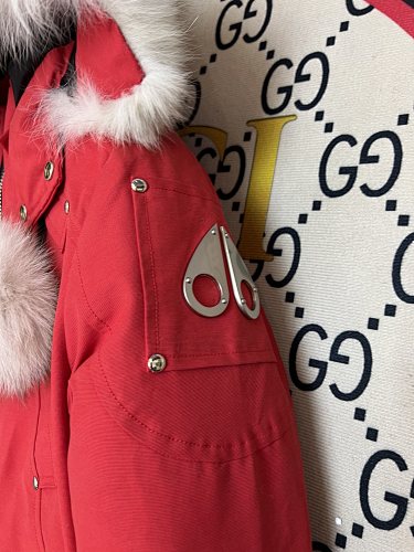 Moose Knuckles Red Down Parka with White Fur Hood and Pompom Zipper Pulls