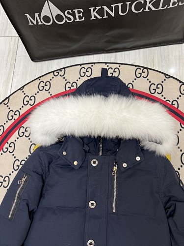 Moose Knuckles Navy Down Parka with White Fur-Trimmed Hood and Silver Hardware