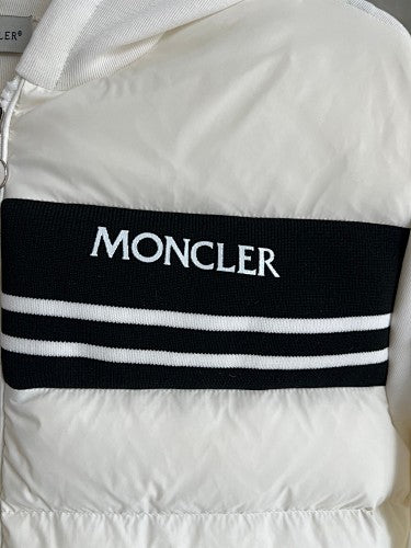 Moncler White Maglione Hybrid Down Jacket with Striped Logo Band
