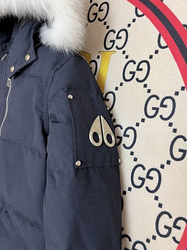 Moose Knuckles Navy Down Parka with White Fur-Trimmed Hood and Silver Hardware