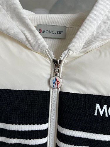 Moncler White Maglione Hybrid Down Jacket with Striped Logo Band