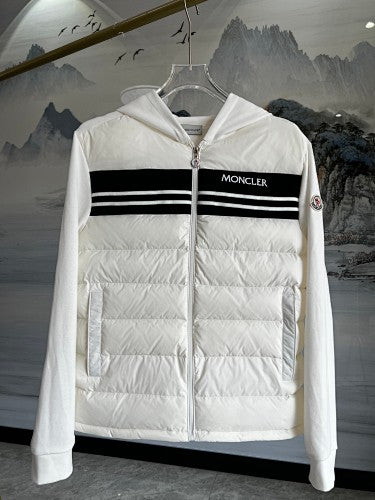 Moncler White Maglione Hybrid Down Jacket with Striped Logo Band