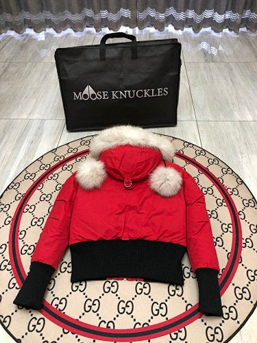 Moose Knuckles Red Down Parka with White Fur Hood and Pompom Zipper Pulls