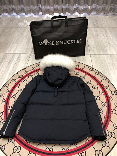 Moose Knuckles Navy Down Parka with White Fur-Trimmed Hood and Silver Hardware