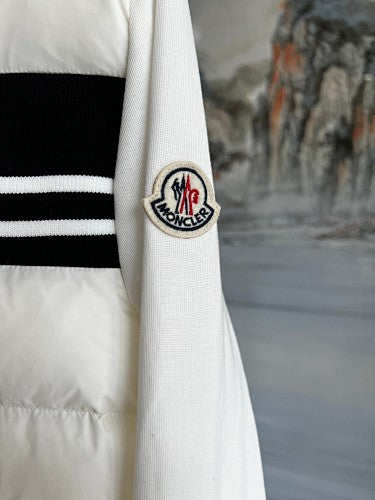 Moncler White Maglione Hybrid Down Jacket with Striped Logo Band