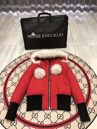 Moose Knuckles Red Down Parka with White Fur Hood and Pompom Zipper Pulls