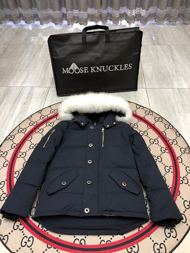 Moose Knuckles Navy Down Parka with White Fur-Trimmed Hood and Silver Hardware
