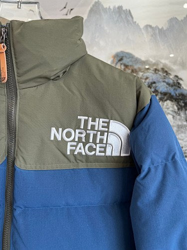 The North Face Blue Nuptse 700-Fill Down Jacket with Olive Contrast Yoke