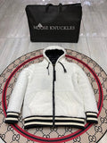 Moose Knuckles Black Down Puffer Jacket with White Sherpa Hood and Nautical Emblem Patch