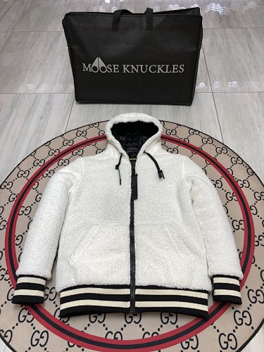 Moose Knuckles Black Down Puffer Jacket with White Sherpa Hood and Nautical Emblem Patch