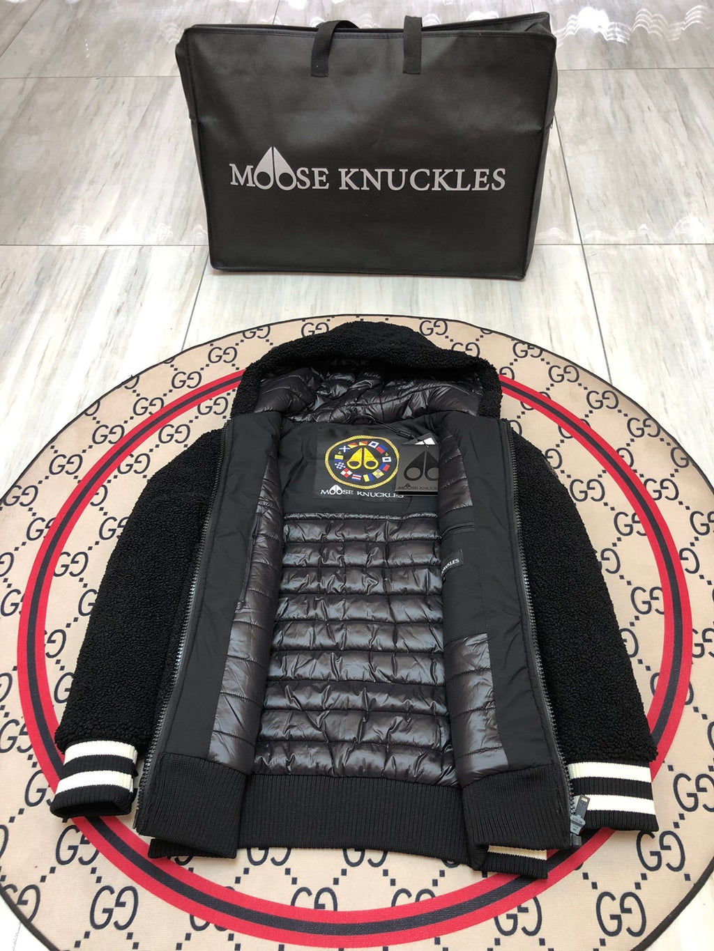 Moose Knuckles Black Sherpa Teddy Fleece Hoodie with MOOSE Back Embroidery and Striped Cuffs