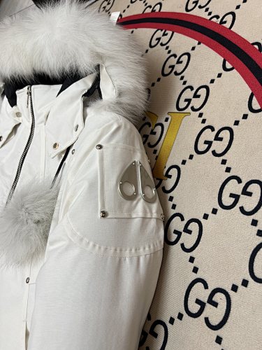 Moose Knuckles White Down Parka with White Fur Hood and Pompom Zipper Pulls