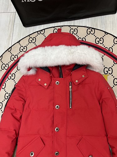 Moose Knuckles Red Down Parka with White Fur-Trimmed Hood and Gold Hardware