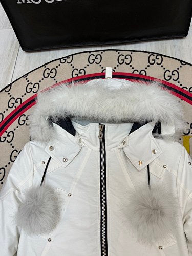 Moose Knuckles White Down Parka with White Fur Hood and Pompom Zipper Pulls