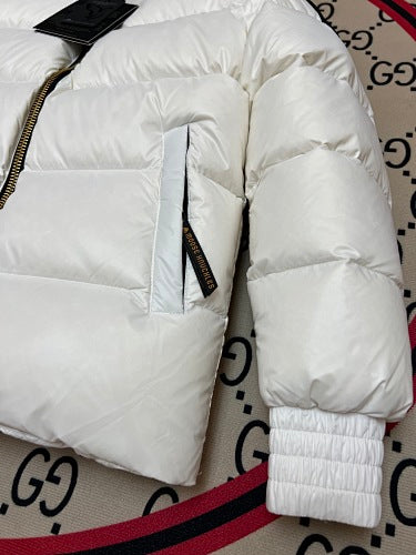 Moose Knuckles White High-Gloss Down Puffer Jacket with Nautical Logo Patch