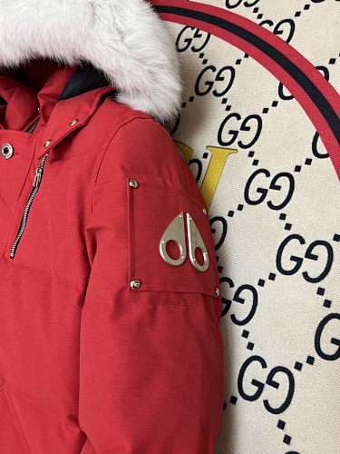 Moose Knuckles Red Down Parka with White Fur-Trimmed Hood and Gold Hardware