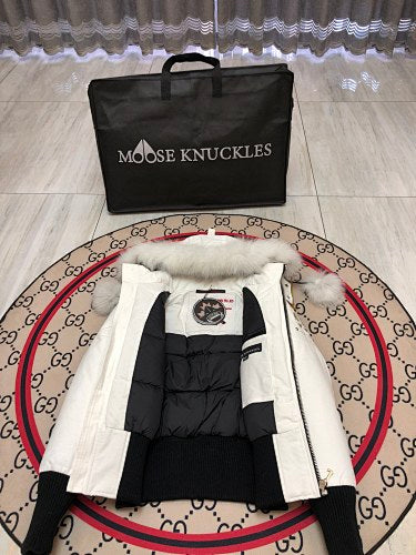 Moose Knuckles White Down Parka with White Fur Hood and Pompom Zipper Pulls