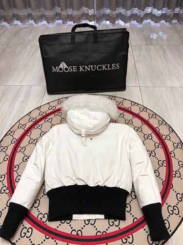 Moose Knuckles White Down Parka with White Fur Hood and Pompom Zipper Pulls