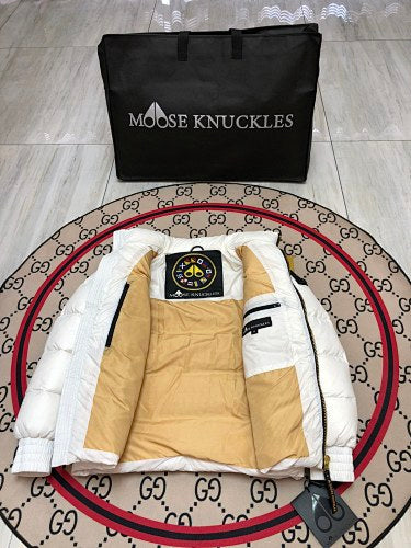 Moose Knuckles White High-Gloss Down Puffer Jacket with Nautical Logo Patch