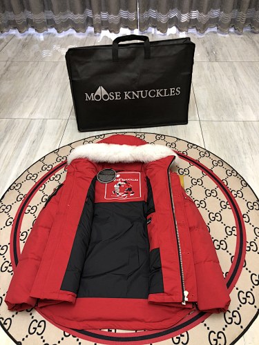 Moose Knuckles Red Down Parka with White Fur-Trimmed Hood and Gold Hardware