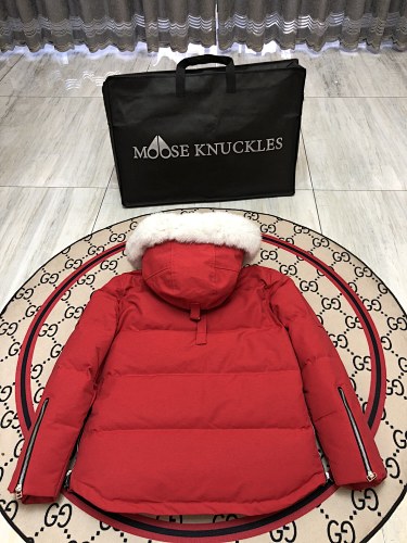 Moose Knuckles Red Down Parka with White Fur-Trimmed Hood and Gold Hardware