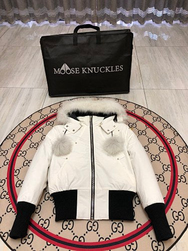 Moose Knuckles White Down Parka with White Fur Hood and Pompom Zipper Pulls