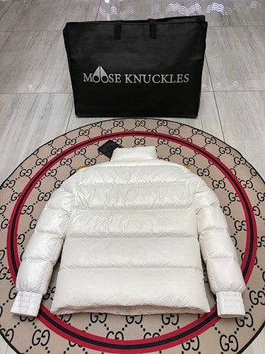Moose Knuckles White High-Gloss Down Puffer Jacket with Nautical Logo Patch