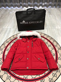 Moose Knuckles Red Down Parka with White Fur-Trimmed Hood and Gold Hardware