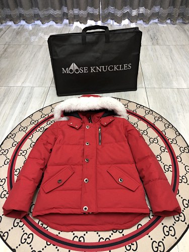 Moose Knuckles Red Down Parka with White Fur-Trimmed Hood and Gold Hardware