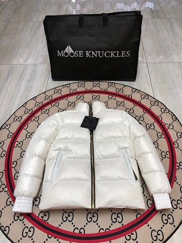 Moose Knuckles White High-Gloss Down Puffer Jacket with Nautical Logo Patch