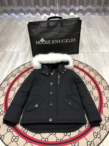 Moose Knuckles Black Down Parka with White Fur-Trimmed Hood and Silver Hardware