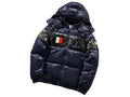 Moncler Navy and Black Glossy Hooded Puffer Jacket with Chest Patches