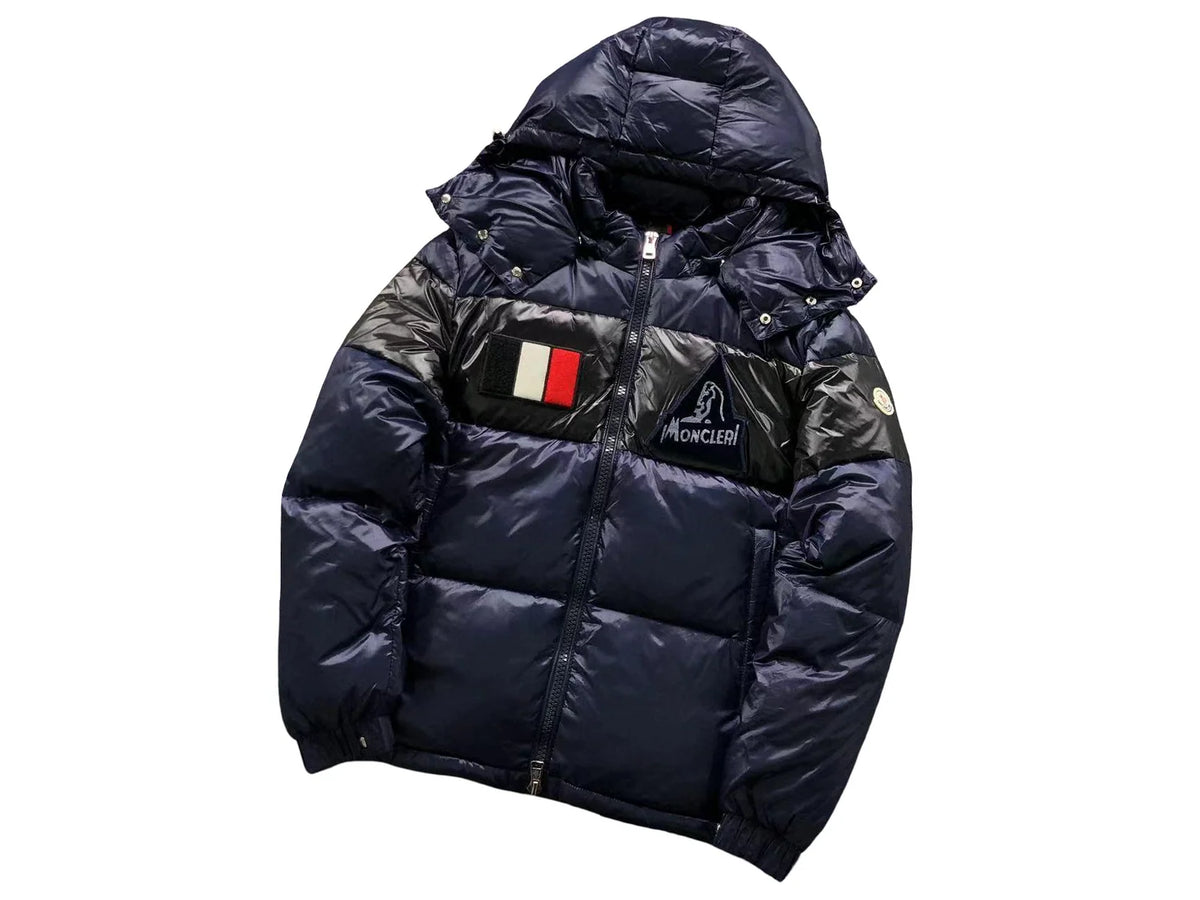 Moncler Navy and Black Glossy Hooded Puffer Jacket with Chest Patches