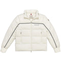 Moncler White Down Puffer Jacket with Black Contrast Stripe and Chest Logo