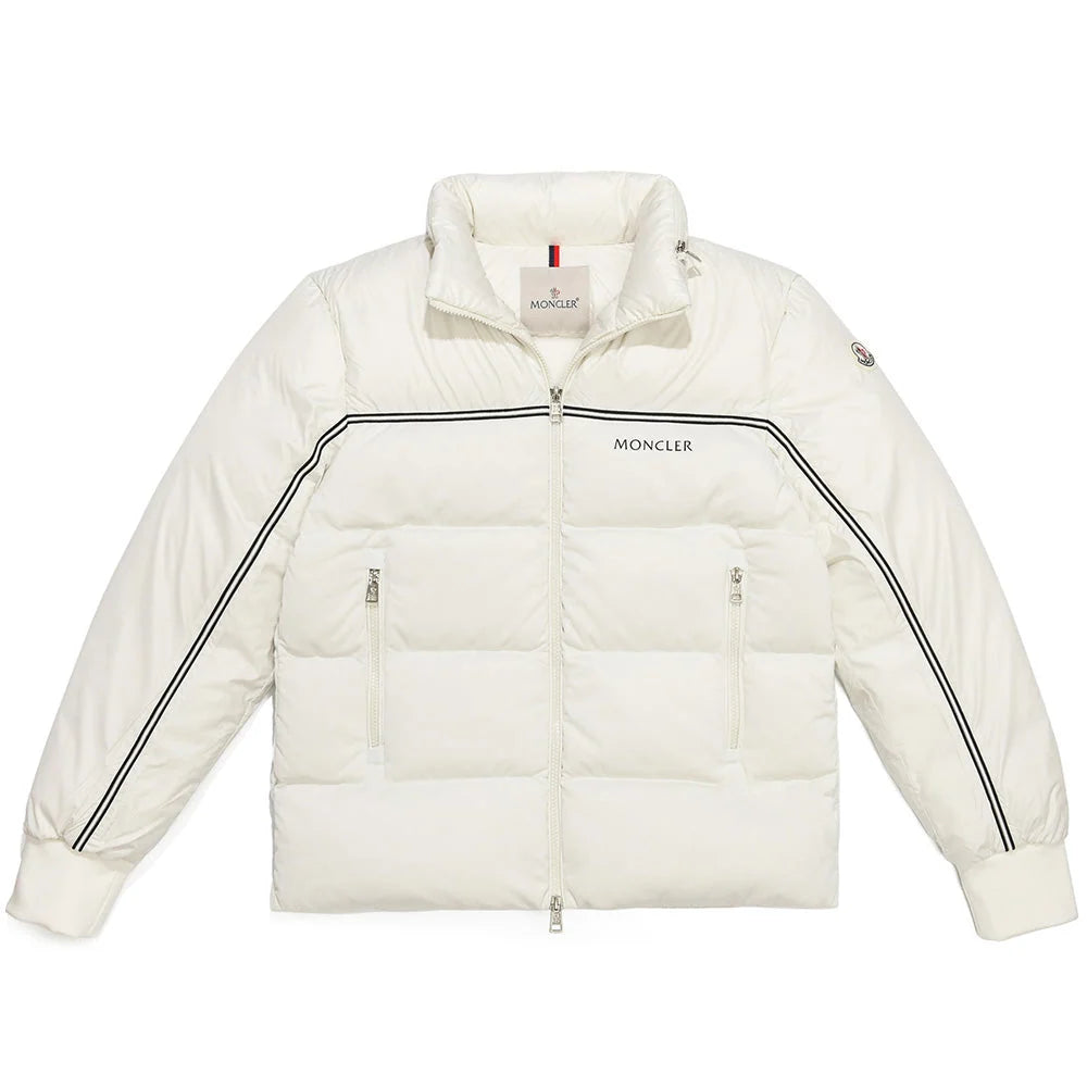 Moncler White Down Puffer Jacket with Black Contrast Stripe and Chest Logo