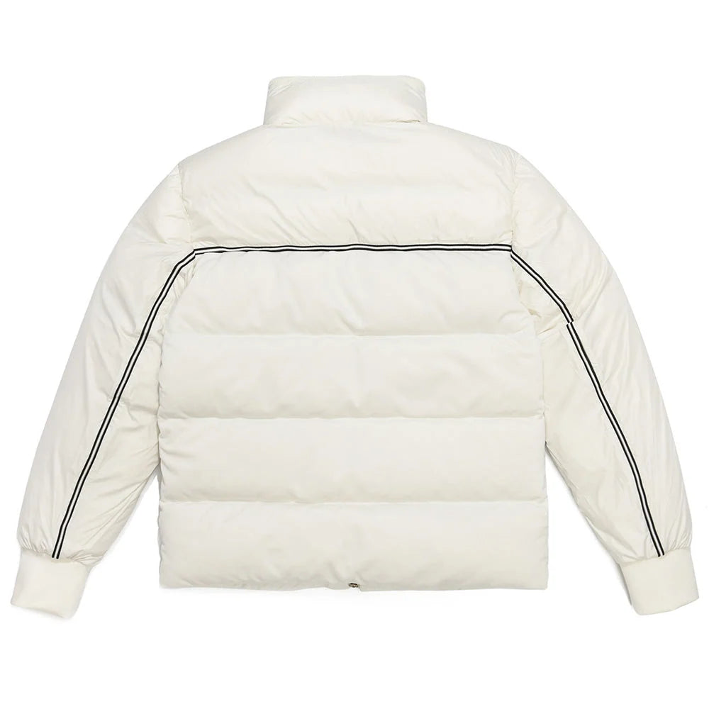 Moncler White Down Puffer Jacket with Black Contrast Stripe and Chest Logo