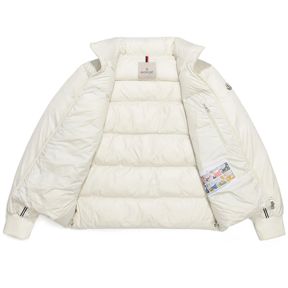 Moncler White Down Puffer Jacket with Black Contrast Stripe and Chest Logo