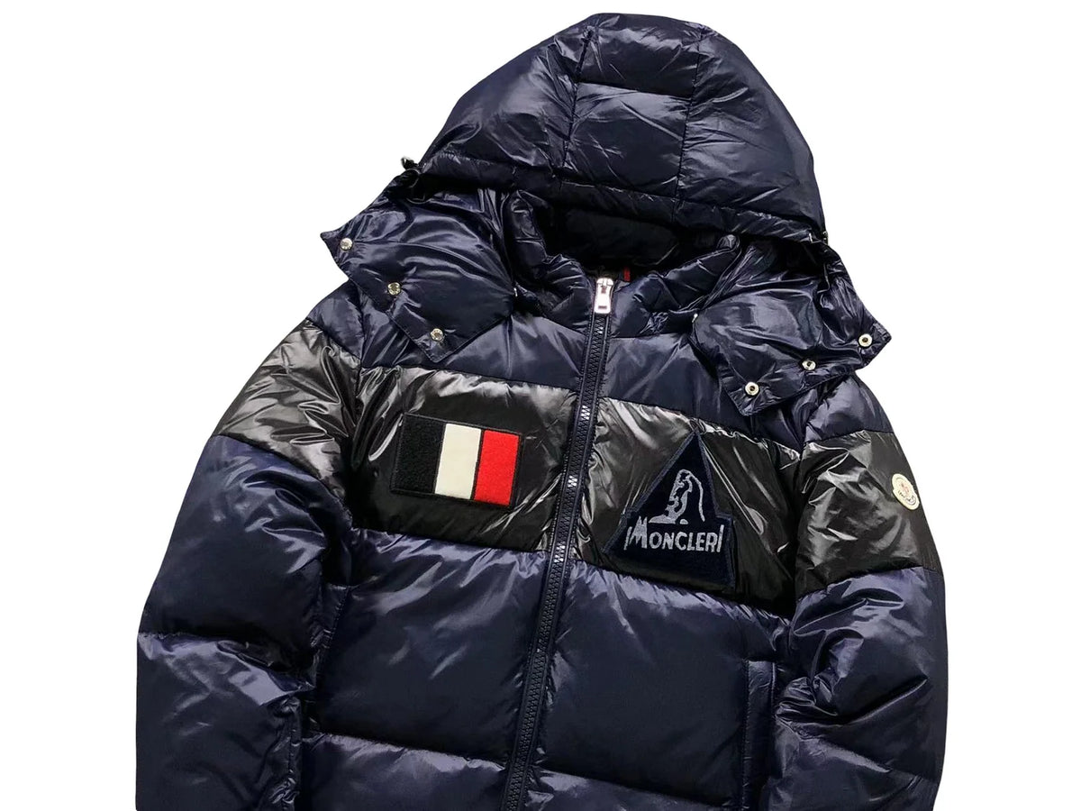 Moncler Navy and Black Glossy Hooded Puffer Jacket with Chest Patches