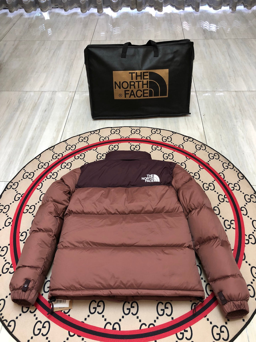 The North Face Brown Nuptse 700-Fill Down Jacket with Dark Burgundy Contrast Yoke