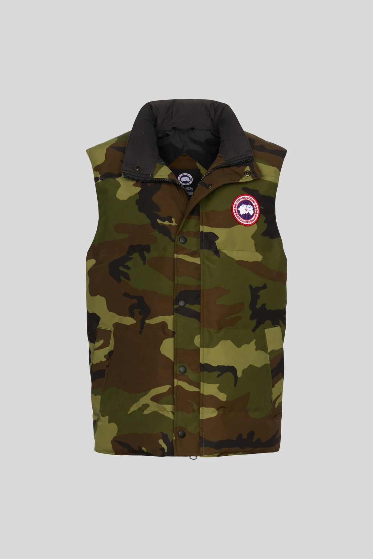 Canada Goose Olive Green Camo Vest with Stand Collar and Chest Logo