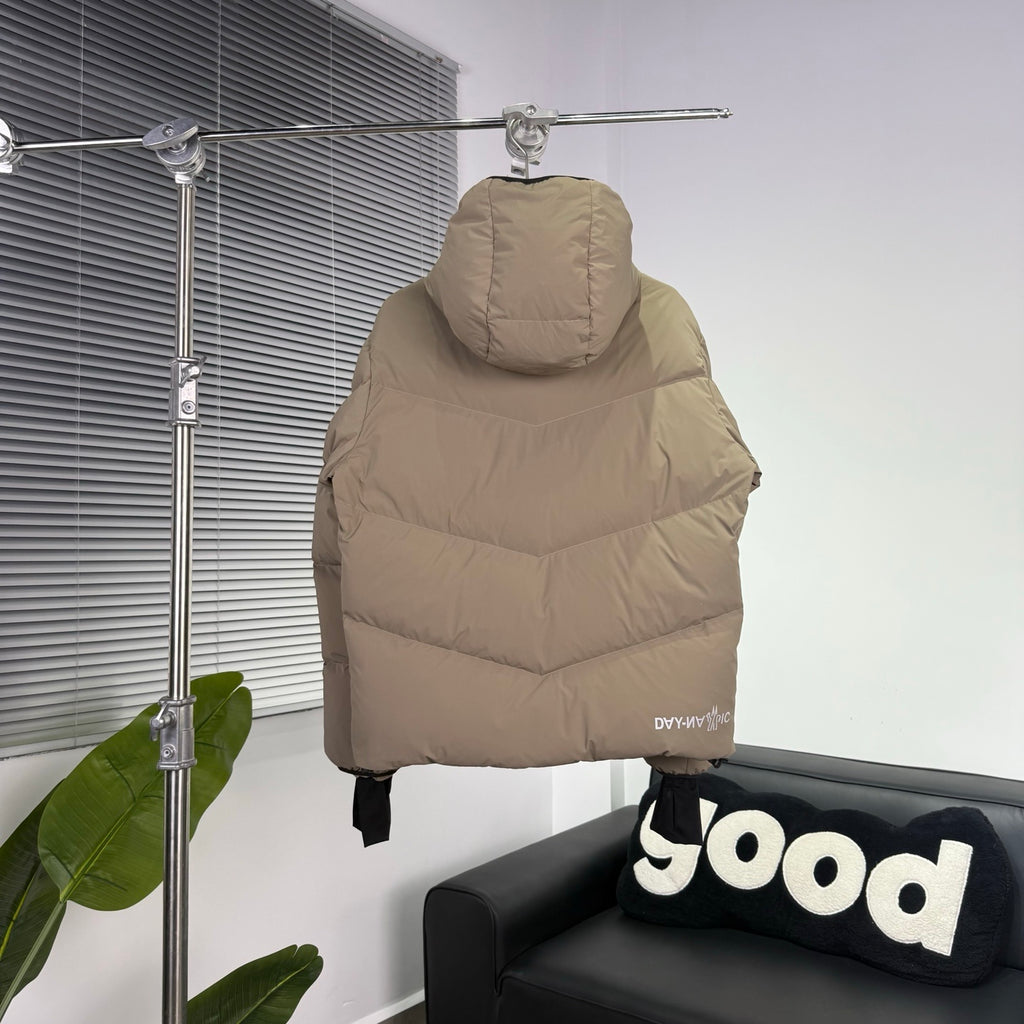 Moncler Grenoble Camel Chaberton Hooded Down Jacket with Tricolor Zip Detail